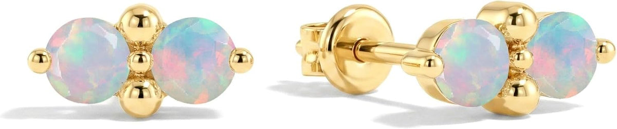 Women's Two Stone Birthstone Stud Earrings - 925 Sterling Silver with Gold Plating, Thirteen Stone Choices for Gifts - 1