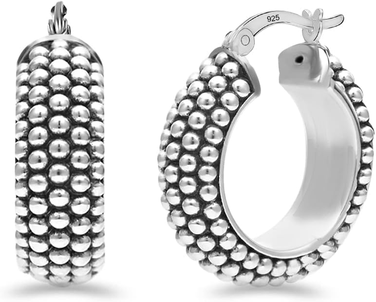 Women's Bali Style Beaded Hoop Earrings - 925 Sterling Silver, Click Top Closure, Antique Two Tone Finish for Daily Wear