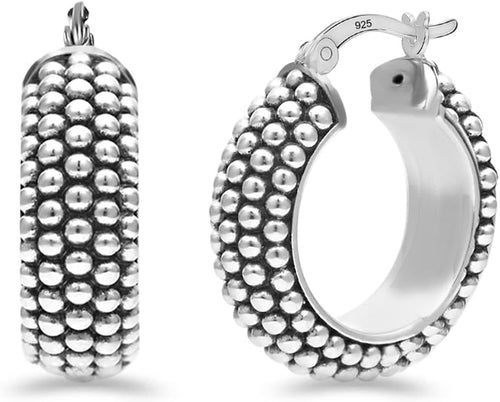 Women's Bali Style Beaded Hoop Earrings - 925 Sterling Silver, Click Top Closure, Antique Two Tone Finish for Daily Wear