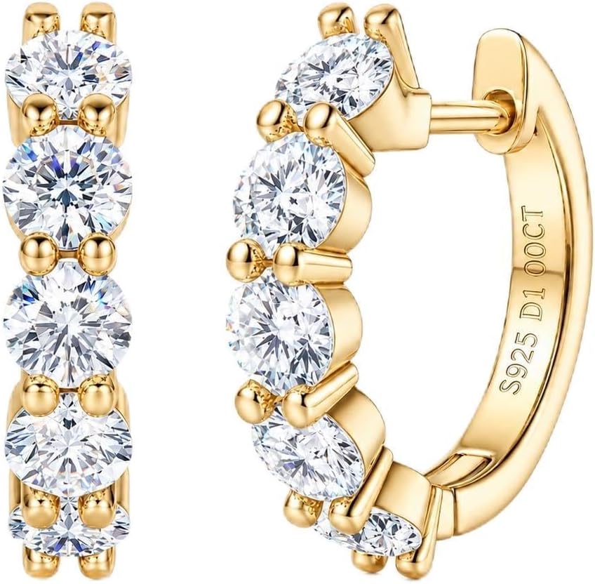 Unisex Moissanite Huggie Hoop Earrings - 2.0ctw Round Brilliant Cut, 925 Sterling Silver, 14K Gold Plated for Evenings -