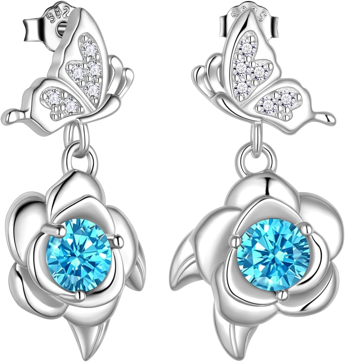 Women's Butterfly and Rose Birthstone Earrings - 925 Sterling Silver, Twelve Birth Month Stones for Birthday Gifts - D, 