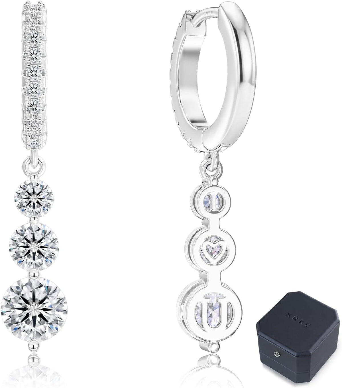 Women's Moissanite Huggie Hoop Drop Earrings - Graduated Triple Stones, Gold or Silver Plated 925 Silver for Anniversary