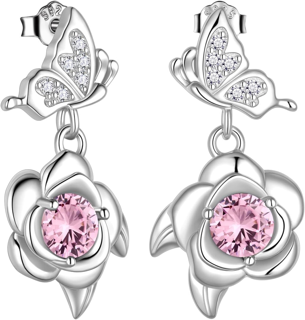 Women's Butterfly and Rose Birthstone Earrings - 925 Sterling Silver, Twelve Birth Month Stones for Birthday Gifts - F, 