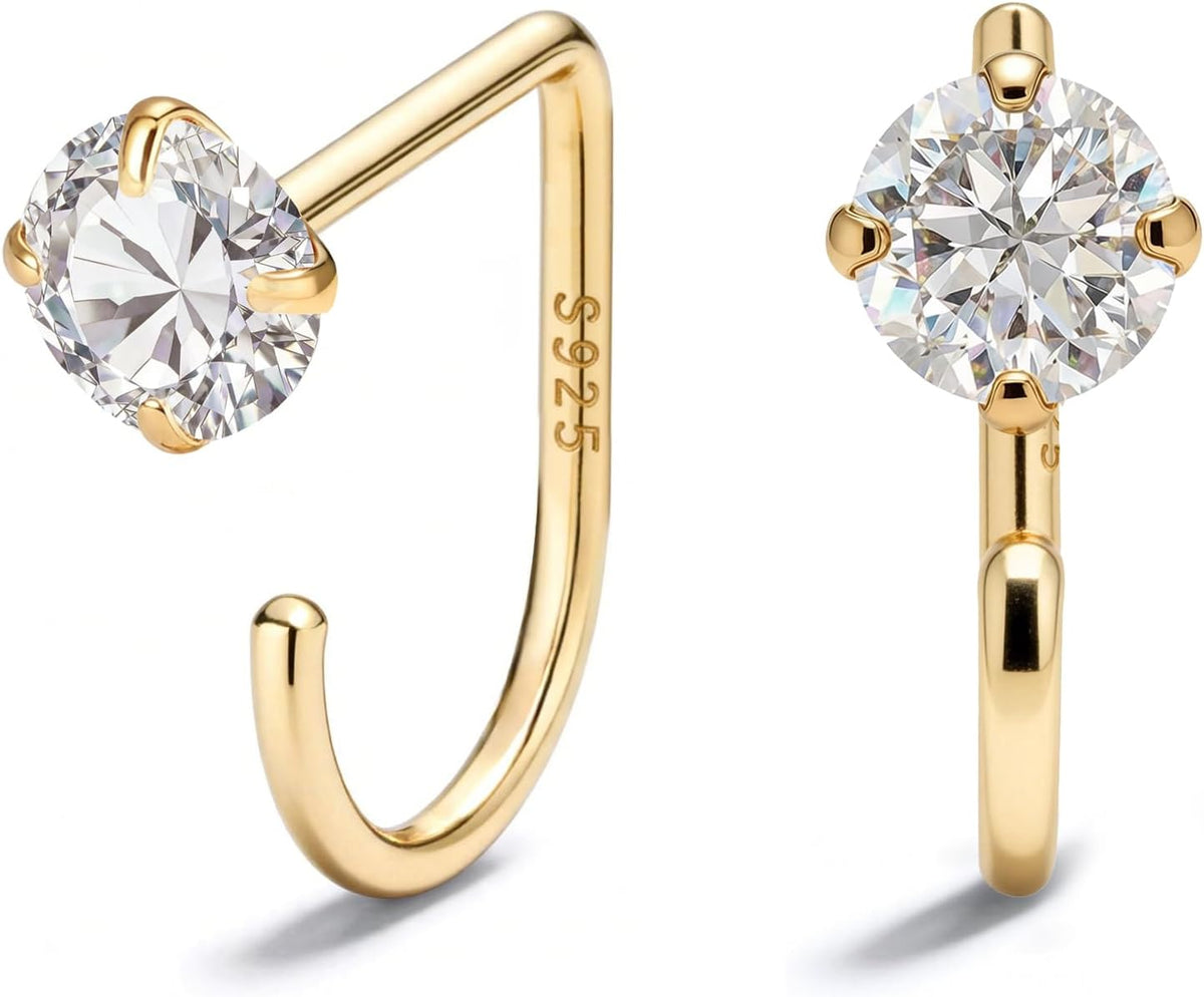 Women's 925 Sterling Silver Huggie Half Hoop Earrings - 14K Gold Plated, Poke Free Backs for Sleeping and Stacking - CZ-