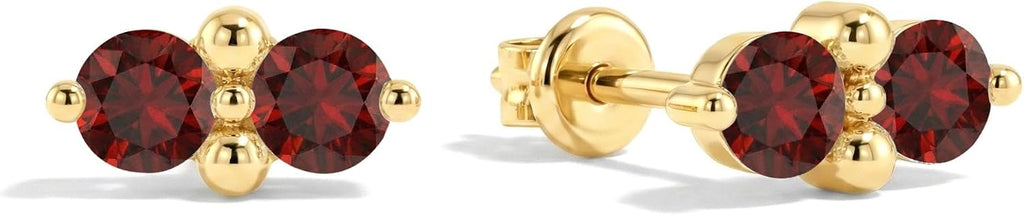 Women's Two Stone Birthstone Stud Earrings - 925 Sterling Silver with Gold Plating, Thirteen Stone Choices for Gifts - 0