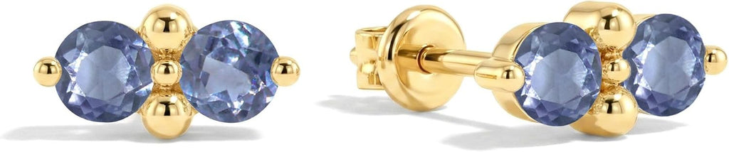 Women's Two Stone Birthstone Stud Earrings - 925 Sterling Silver with Gold Plating, Thirteen Stone Choices for Gifts - 1