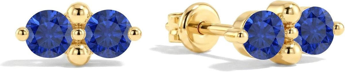 Women's Two Stone Birthstone Stud Earrings - 925 Sterling Silver with Gold Plating, Thirteen Stone Choices for Gifts - 0
