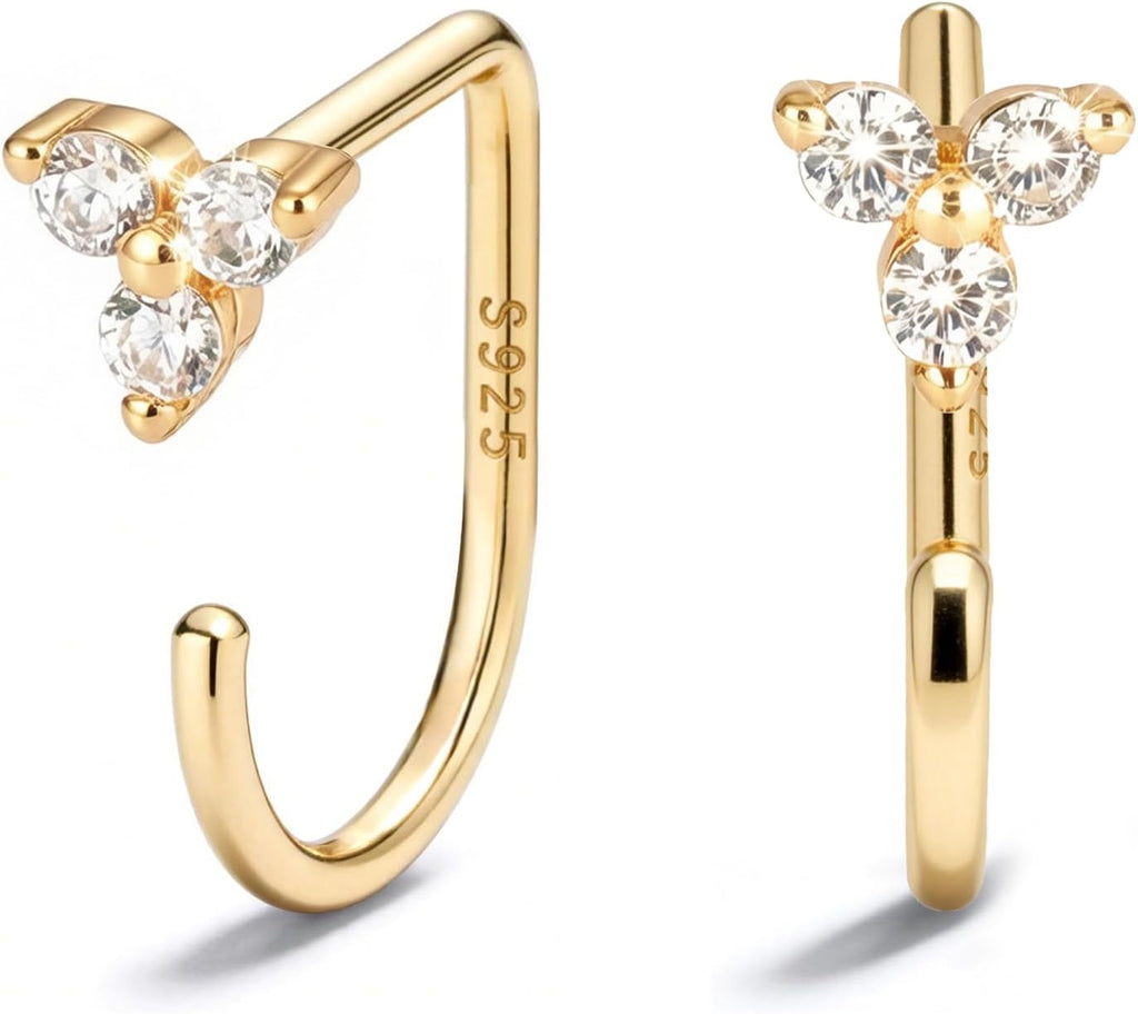 Women's 925 Sterling Silver Huggie Half Hoop Earrings - 14K Gold Plated, Poke Free Backs for Sleeping and Stacking - CZ-
