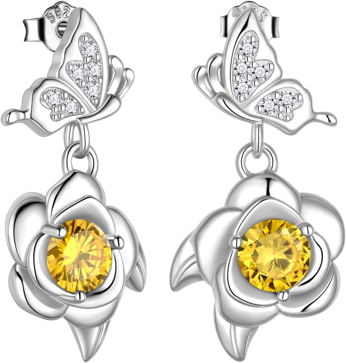 Butterfly and Rose Birthstone Earrings - Sterling Silver, Twelve Birth Month Stones