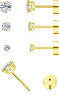 Women's Moissanite Flat Back Stud Earrings - Set of Three Pairs, 925 Sterling Silver, Gold Plated for Cartilage Stacking