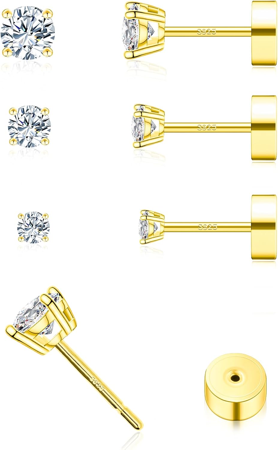 Women's Moissanite Flat Back Stud Earrings - Set of Three Pairs, 925 Sterling Silver, Gold Plated for Cartilage Stacking