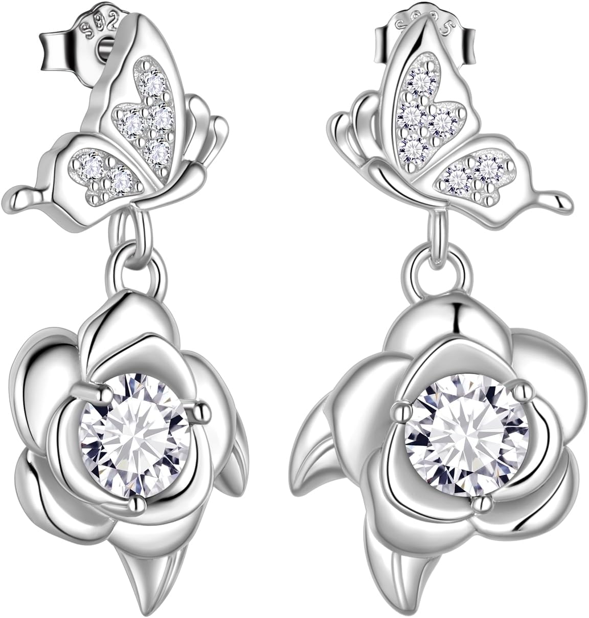 Women's Butterfly and Rose Birthstone Earrings - 925 Sterling Silver, Twelve Birth Month Stones for Birthday Gifts - E, 