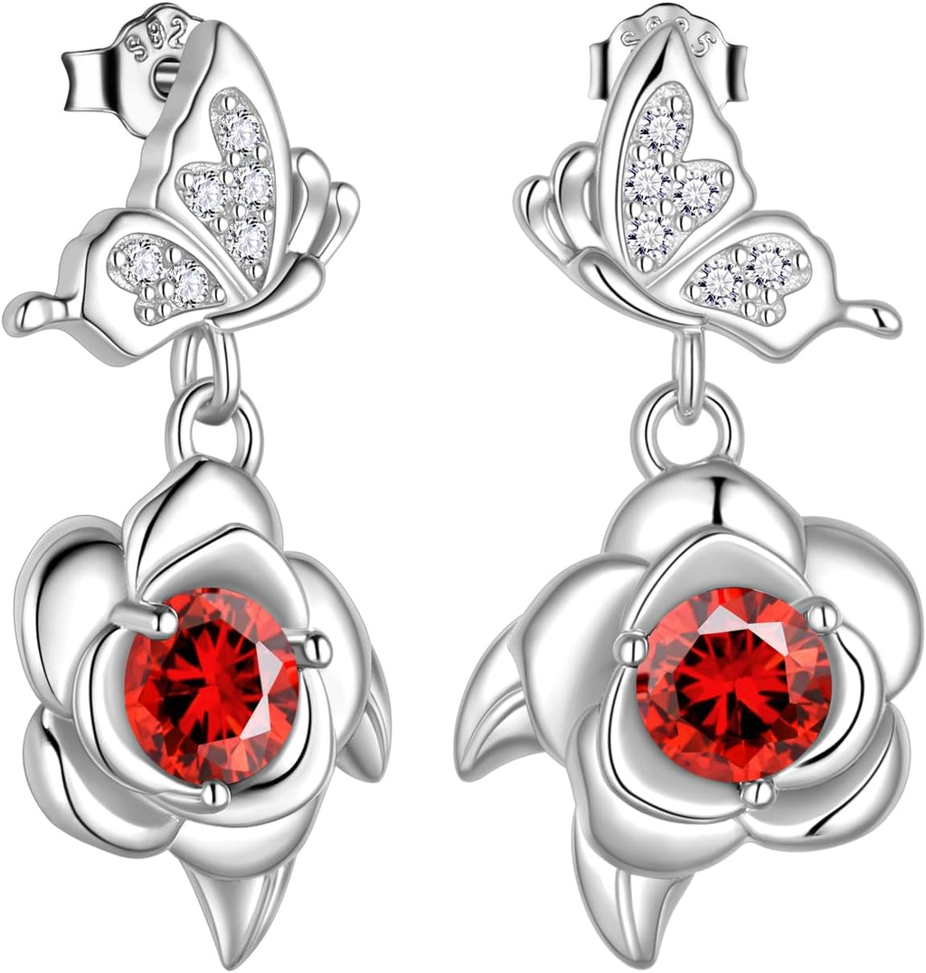 Women's Butterfly and Rose Birthstone Earrings - 925 Sterling Silver, Twelve Birth Month Stones for Birthday Gifts - C, 