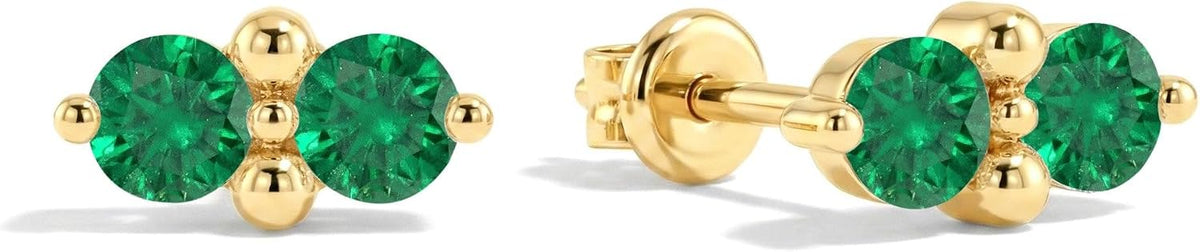 Women's Two Stone Birthstone Stud Earrings - 925 Sterling Silver with Gold Plating, Thirteen Stone Choices for Gifts - 0