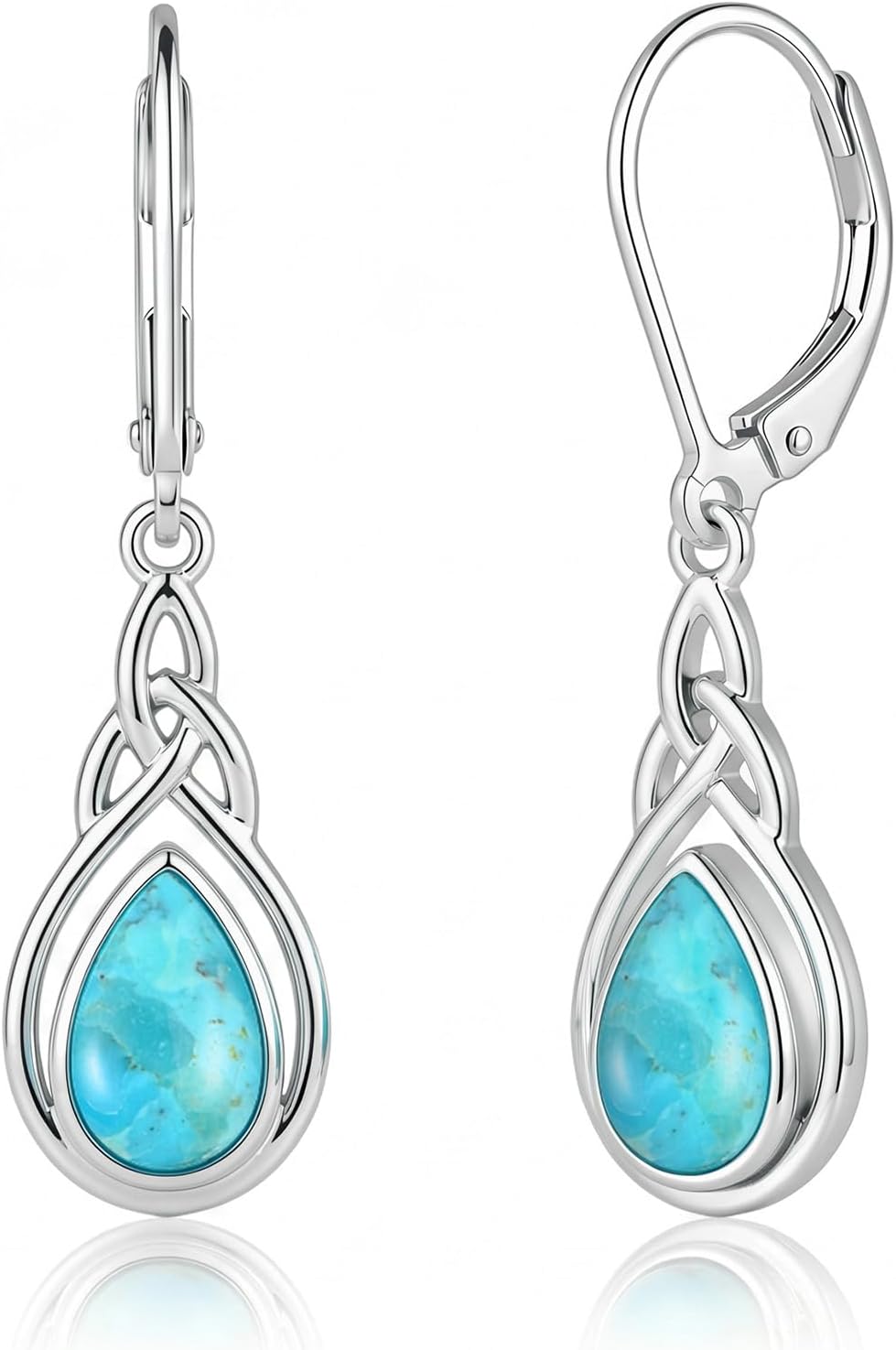 Women's Turquoise Teardrop Earrings - Silver Tone Celtic Knot Frame, Single Stone Drops for Casual Weekend Wear - Standa