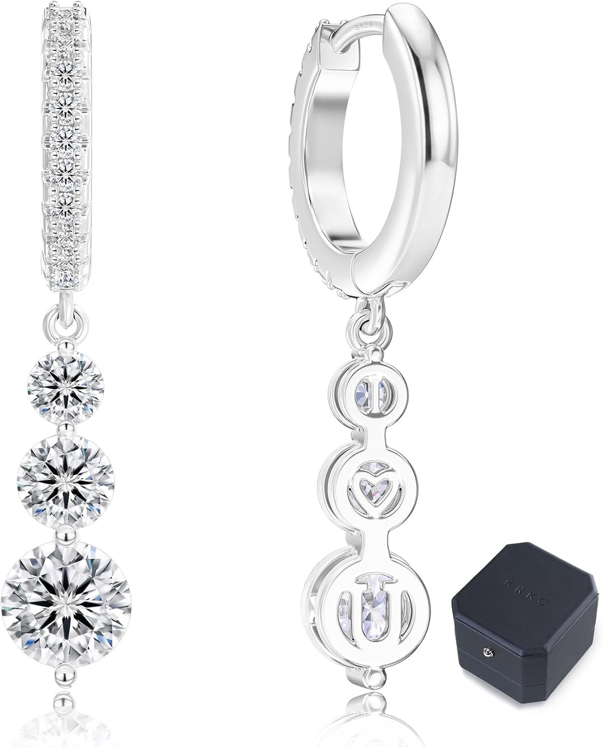 Women's Moissanite Huggie Hoop Drop Earrings - Graduated Triple Stones, Gold or Silver Plated 925 Silver for Anniversary