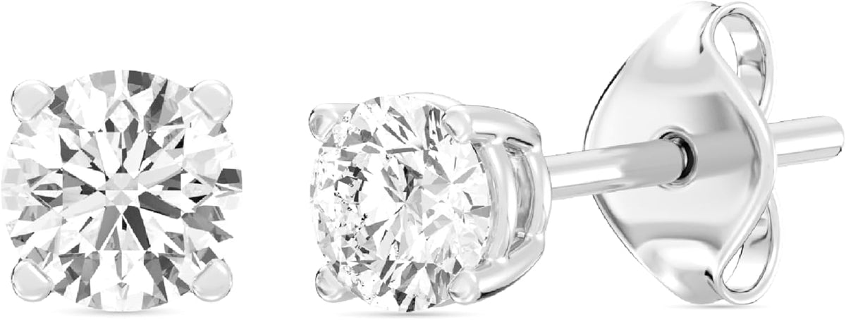 Women's Lab Grown Diamond Stud Earrings - Four Prong Basket in 925 Silver or 14K Gold Plated, Ten Carat Weights - 14K Go