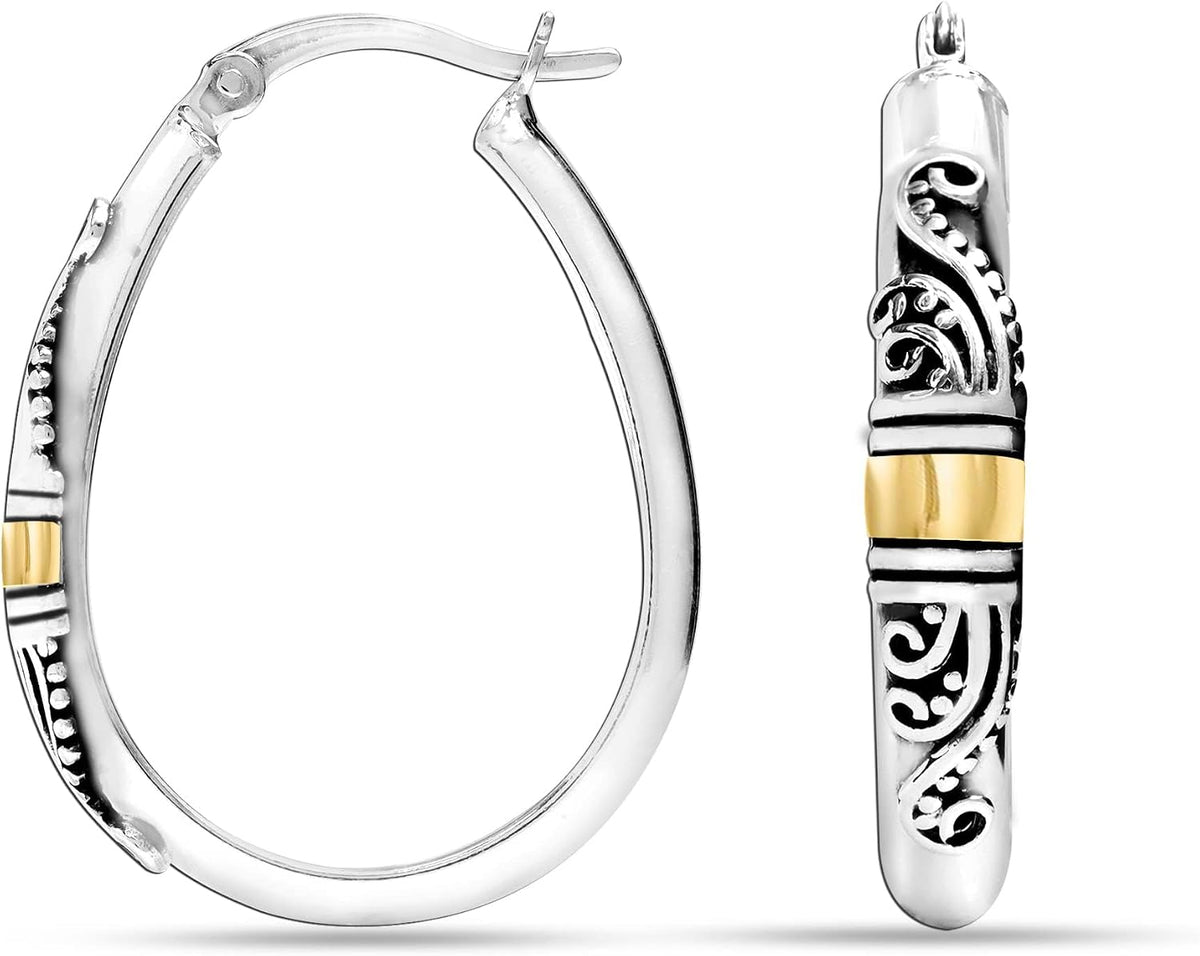 Women's Bali Style Beaded Hoop Earrings - 925 Sterling Silver, Click Top Closure, Antique Two Tone Finish for Daily Wear