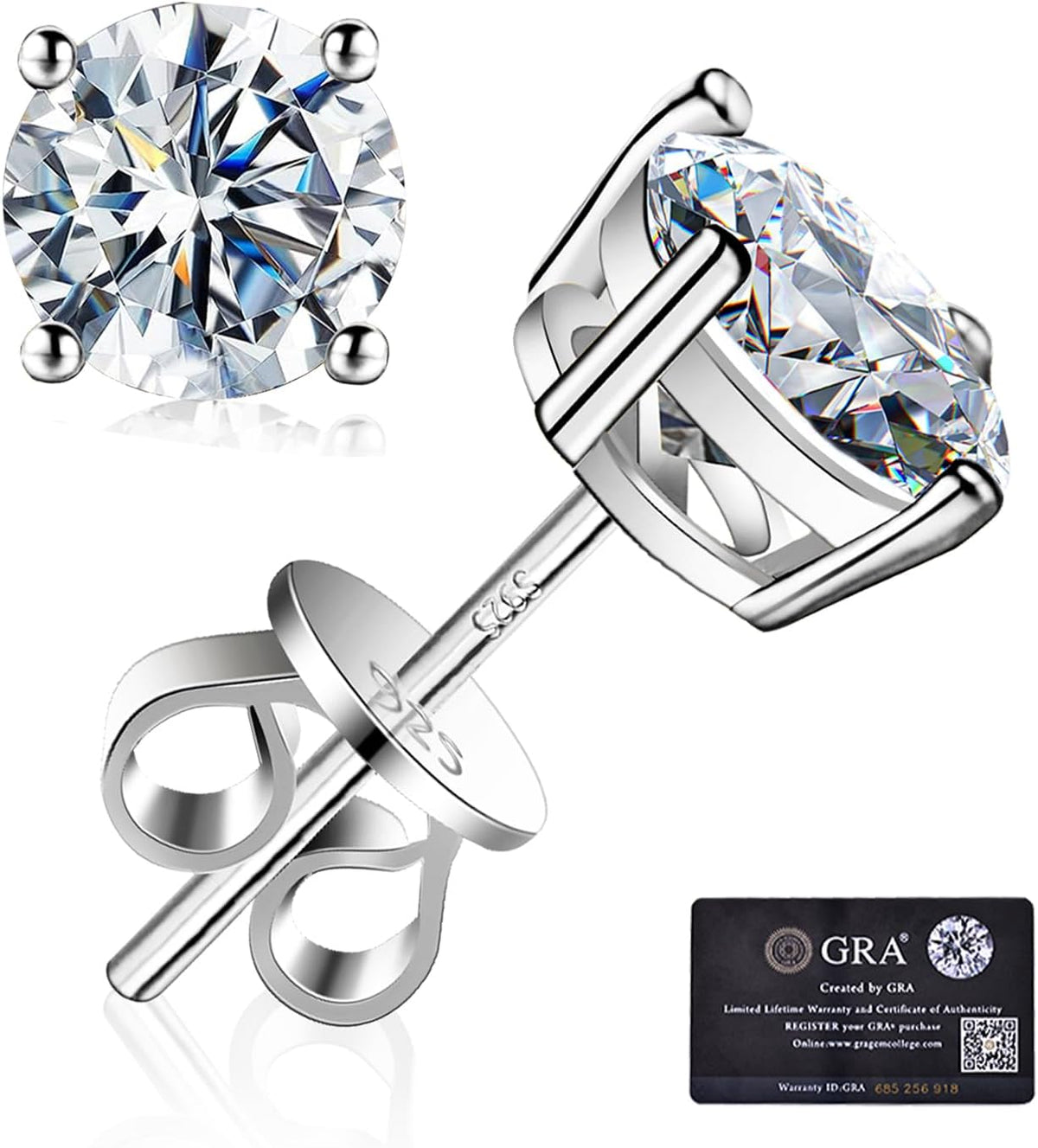 Unisex Moissanite Stud Earrings - 925 Sterling Silver, White Gold Plated, Eight Carat Weights from 0.6ctw for Weddings -
