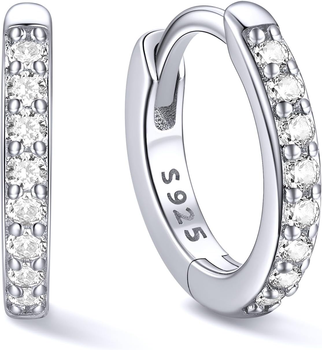 Women's Cubic Zirconia Hoop Earrings - 925 Sterling Silver, Eight Sizes from 6mm to 20mm in Three Finishes for Daily Wea