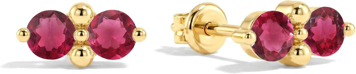 Women's Two Stone Birthstone Stud Earrings - 925 Sterling Silver with Gold Plating, Thirteen Stone Choices for Gifts - 0