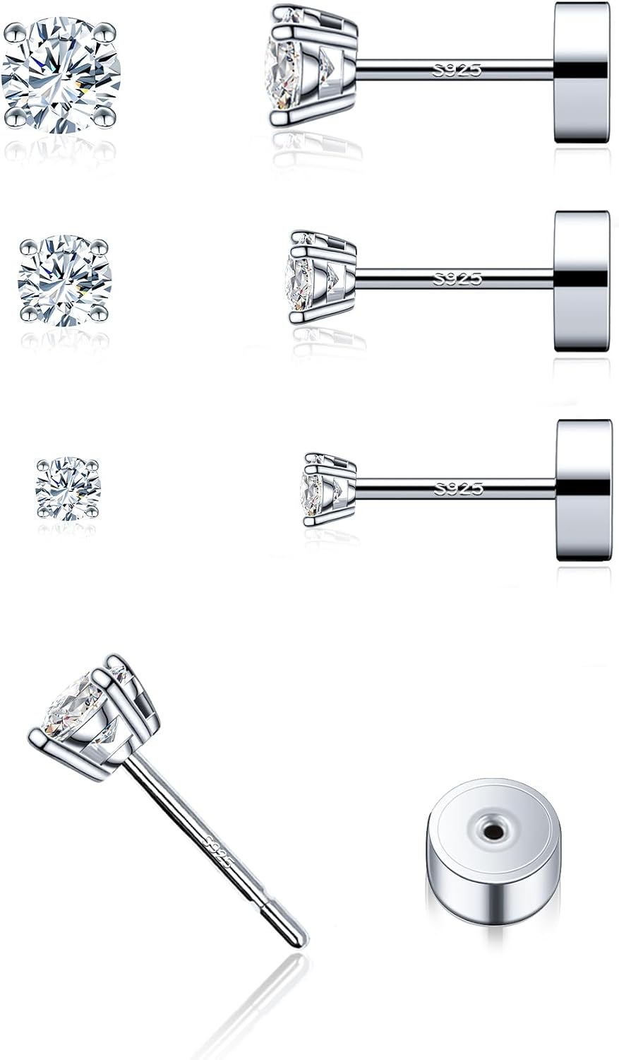 Women's Moissanite Flat Back Stud Earrings - Set of Three Pairs, 925 Sterling Silver, Gold Plated for Cartilage Stacking