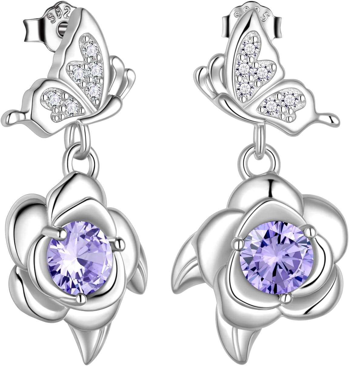 Butterfly and Rose Birthstone Earrings - Sterling Silver, Twelve Birth Month Stones