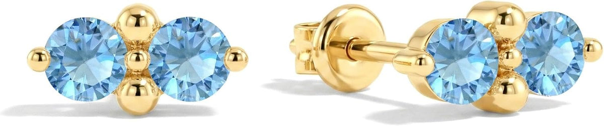 Women's Two Stone Birthstone Stud Earrings - 925 Sterling Silver with Gold Plating, Thirteen Stone Choices for Gifts - 0