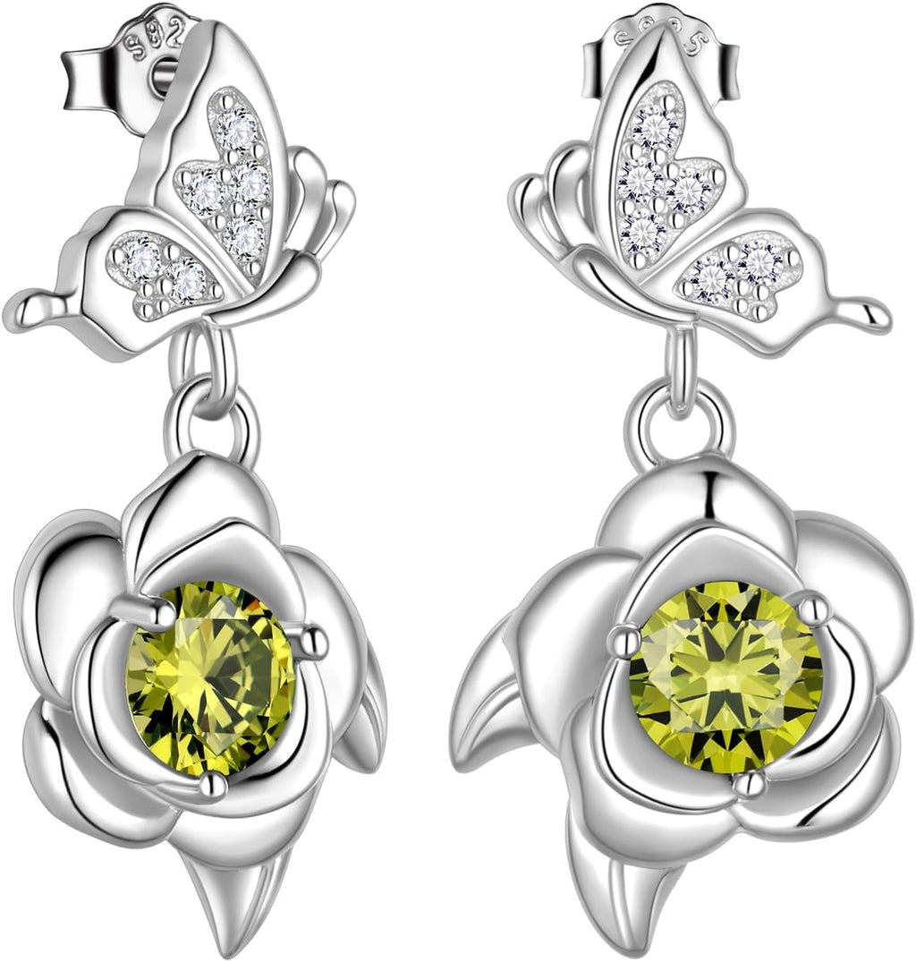 Women's Butterfly and Rose Birthstone Earrings - 925 Sterling Silver, Twelve Birth Month Stones for Birthday Gifts - A, 