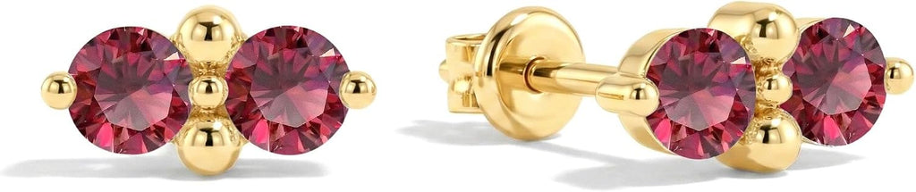 Women's Two Stone Birthstone Stud Earrings - 925 Sterling Silver with Gold Plating, Thirteen Stone Choices for Gifts - 0