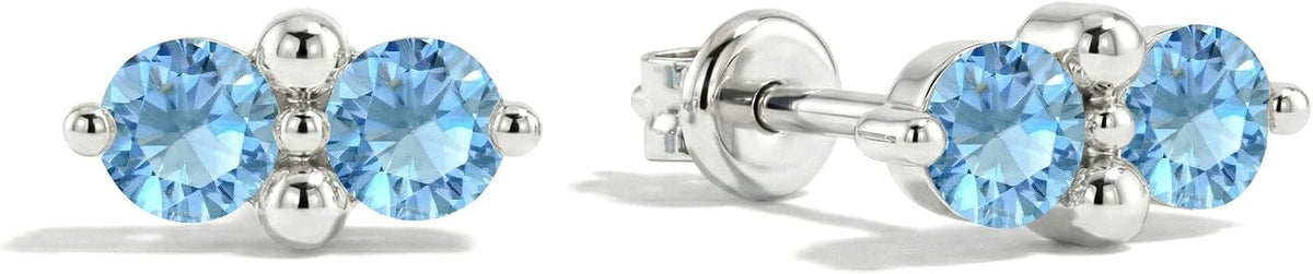 Women's Two Stone Birthstone Stud Earrings - 925 Sterling Silver with Gold Plating, Thirteen Stone Choices for Gifts - 1