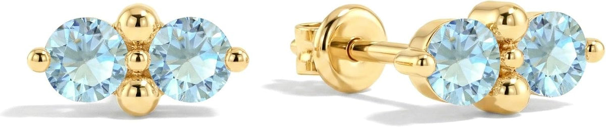Women's Two Stone Birthstone Stud Earrings - 925 Sterling Silver with Gold Plating, Thirteen Stone Choices for Gifts - 1
