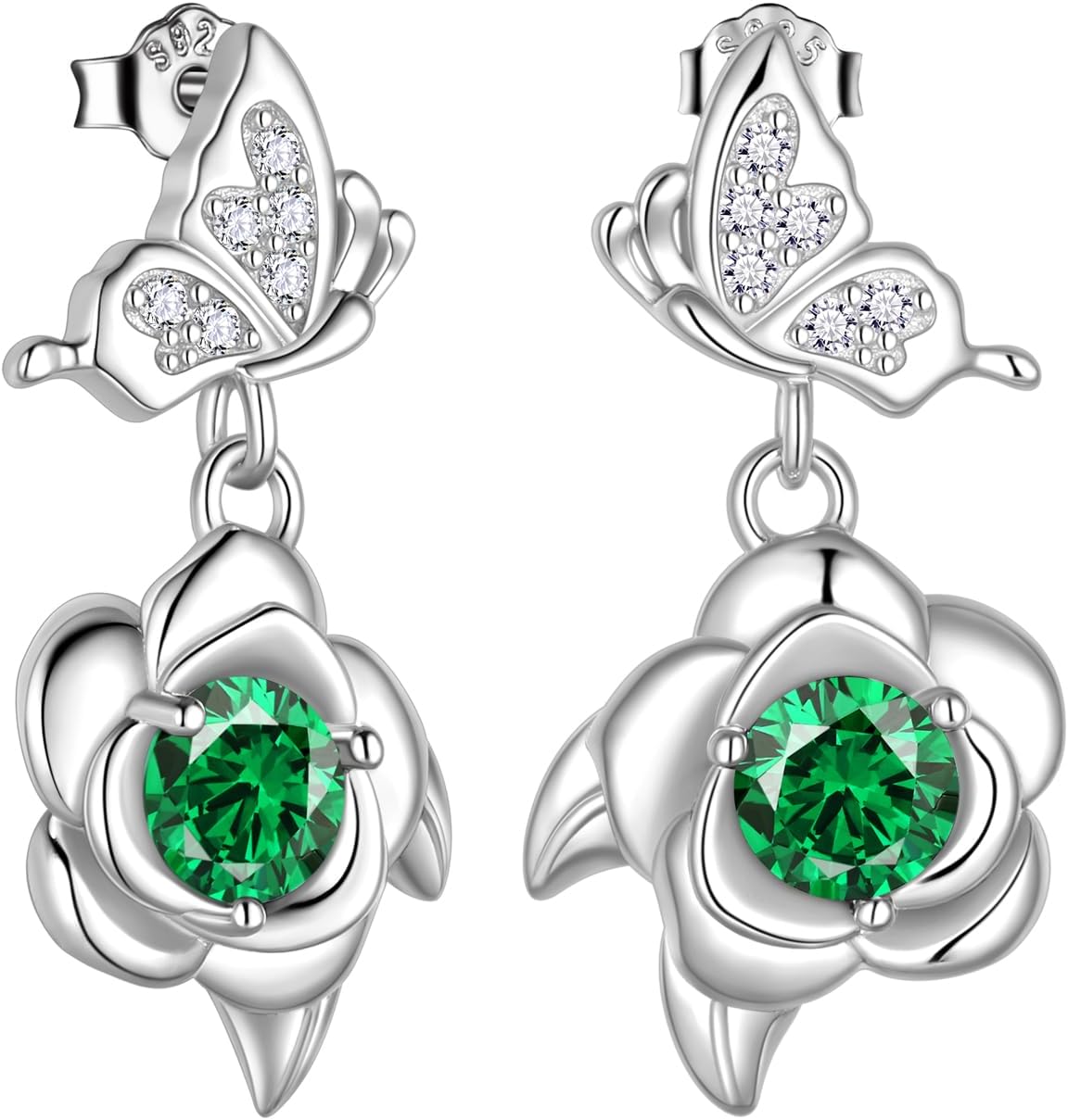 Women's Butterfly and Rose Birthstone Earrings - 925 Sterling Silver, Twelve Birth Month Stones for Birthday Gifts - B, 