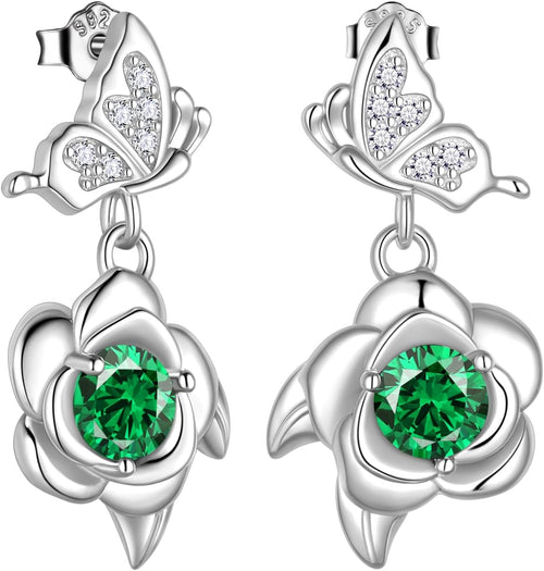 Women's Butterfly and Rose Birthstone Earrings - 925 Sterling Silver, Twelve Birth Month Stones for Birthday Gifts - B, 