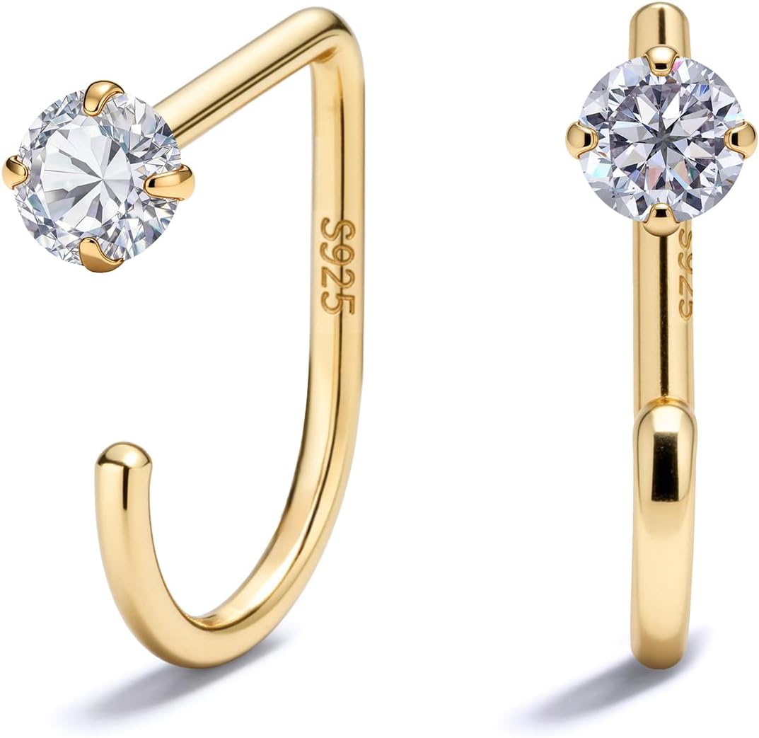 Sterling Silver Huggie Half Hoop Earrings - 14K Gold Plated, Poke Free Backs for Sleeping