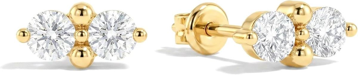 Women's Two Stone Birthstone Stud Earrings - 925 Sterling Silver with Gold Plating, Thirteen Stone Choices for Gifts - 0