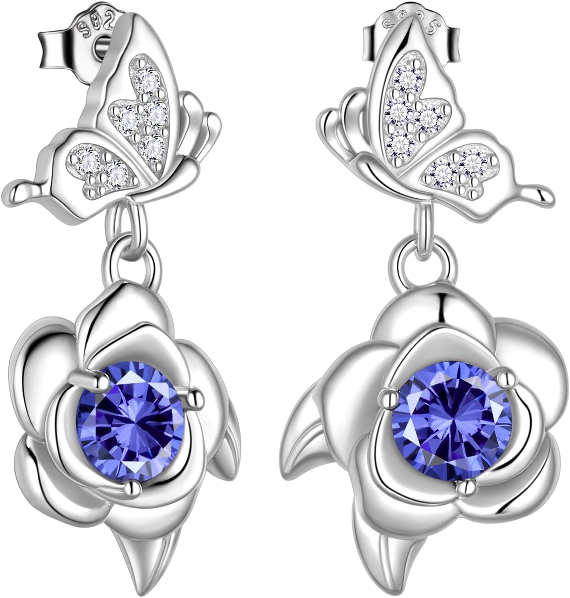 Butterfly and Rose Birthstone Earrings - Sterling Silver, Twelve Birth Month Stones