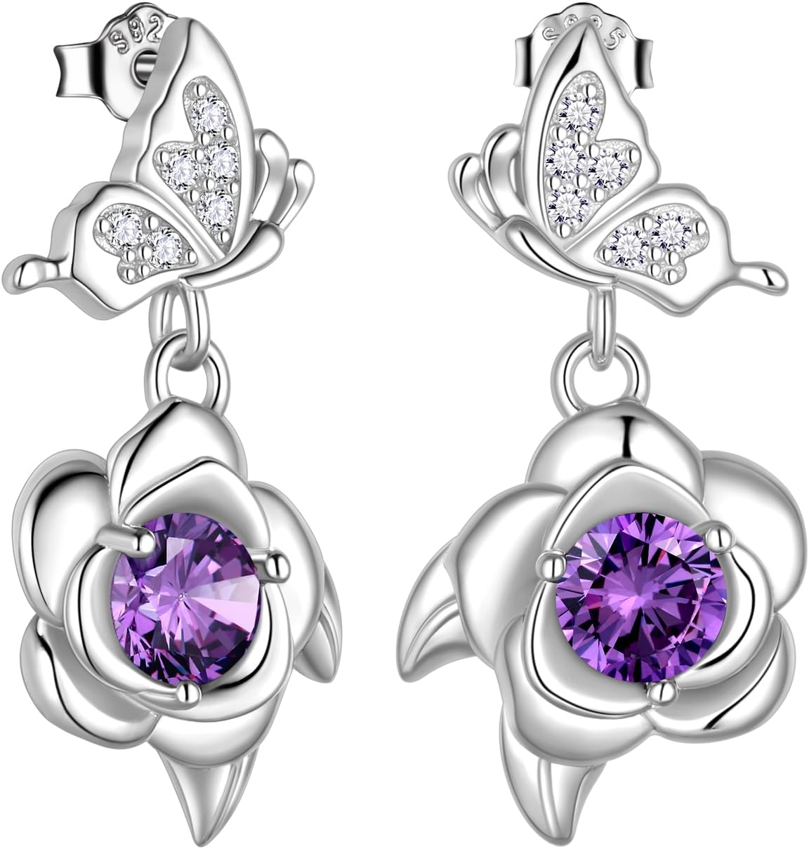 Women's Butterfly and Rose Birthstone Earrings - 925 Sterling Silver, Twelve Birth Month Stones for Birthday Gifts - K, 