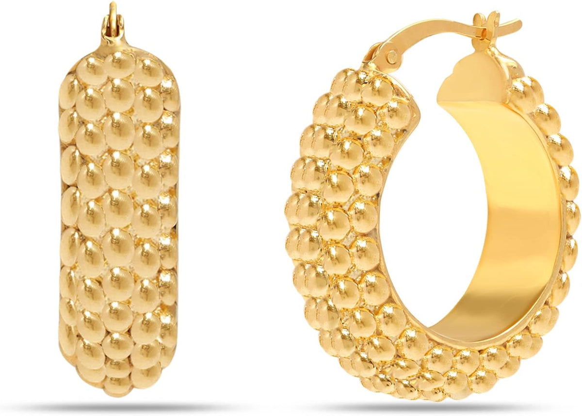 Women's Bali Style Beaded Hoop Earrings - 925 Sterling Silver, Click Top Closure, Antique Two Tone Finish for Daily Wear