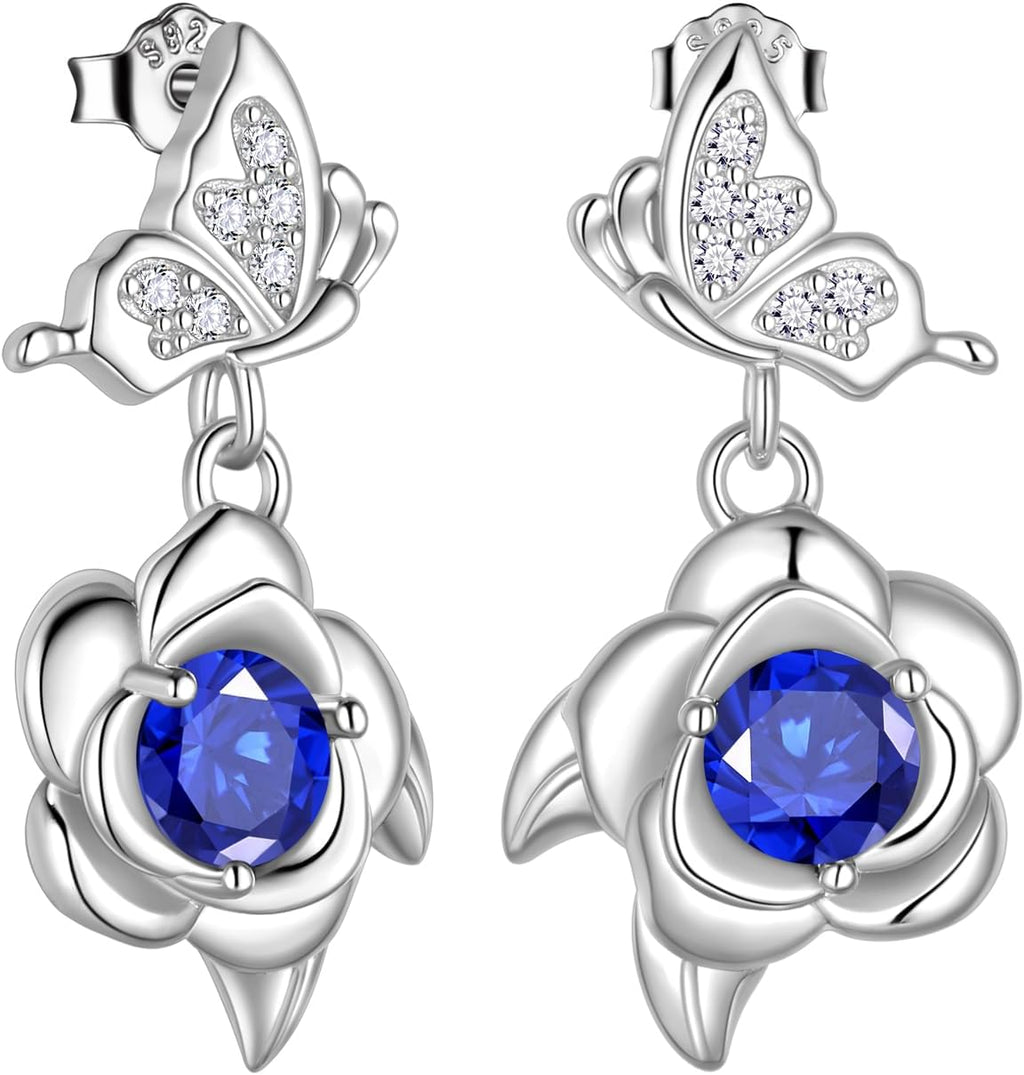 Women's Butterfly and Rose Birthstone Earrings - 925 Sterling Silver, Twelve Birth Month Stones for Birthday Gifts - L, 