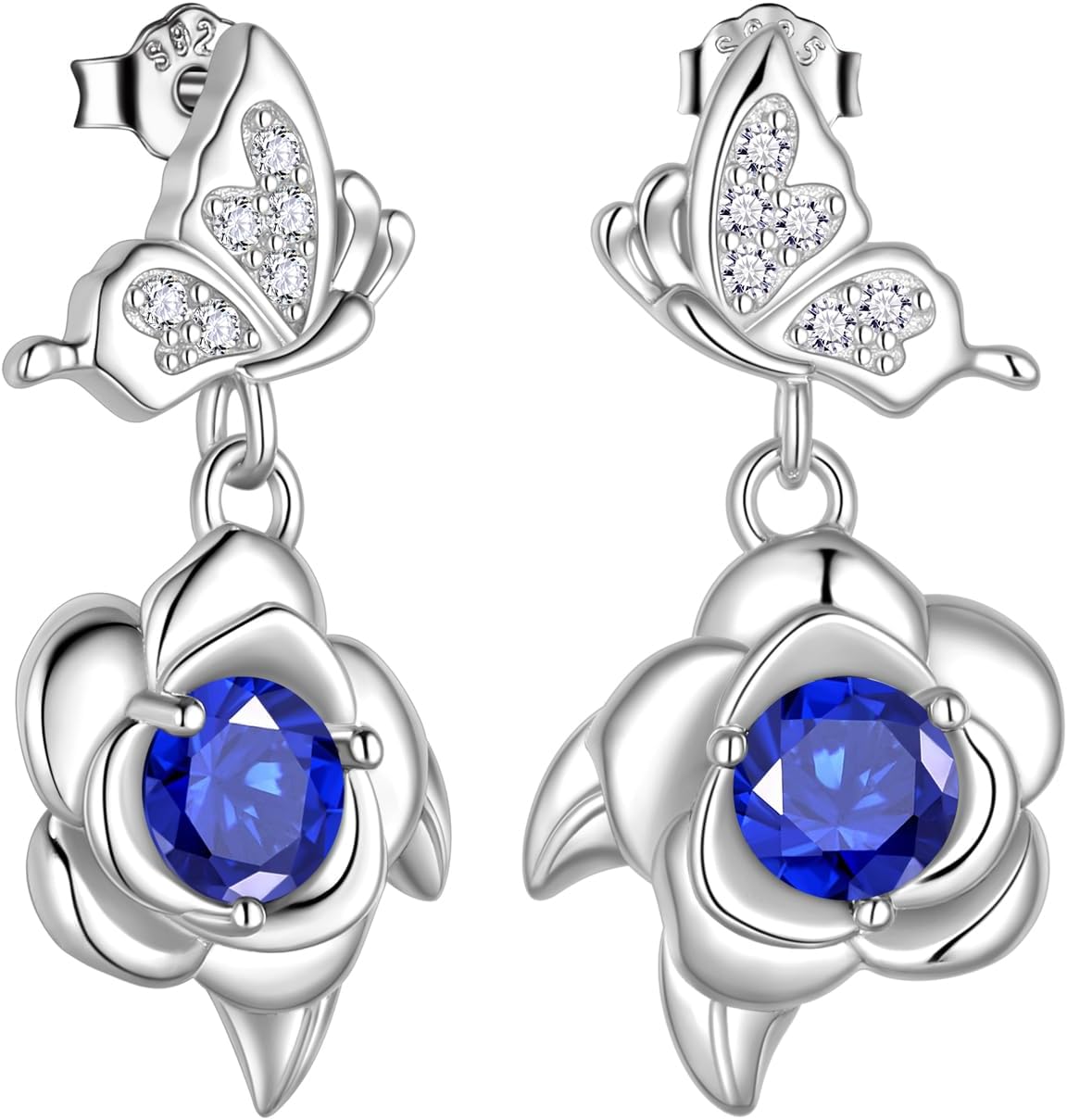 Women's Butterfly and Rose Birthstone Earrings - 925 Sterling Silver, Twelve Birth Month Stones for Birthday Gifts - L, 