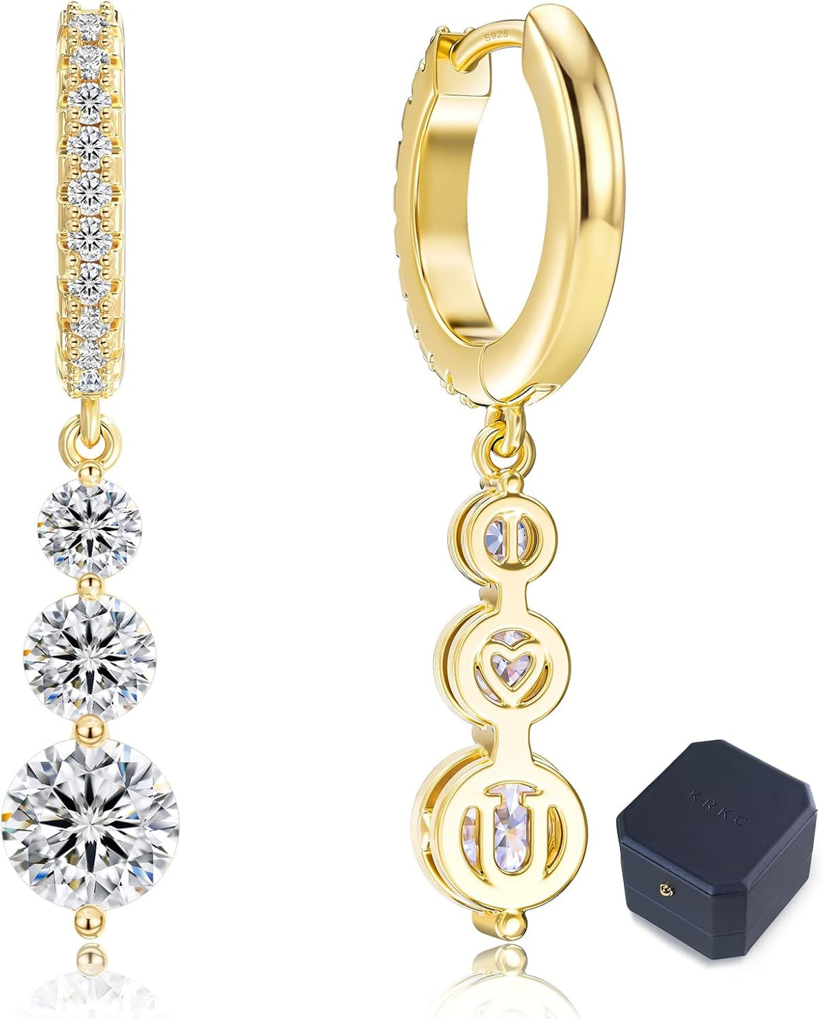 Women's Moissanite Huggie Hoop Drop Earrings - Graduated Triple Stones, Gold or Silver Plated 925 Silver for Anniversary