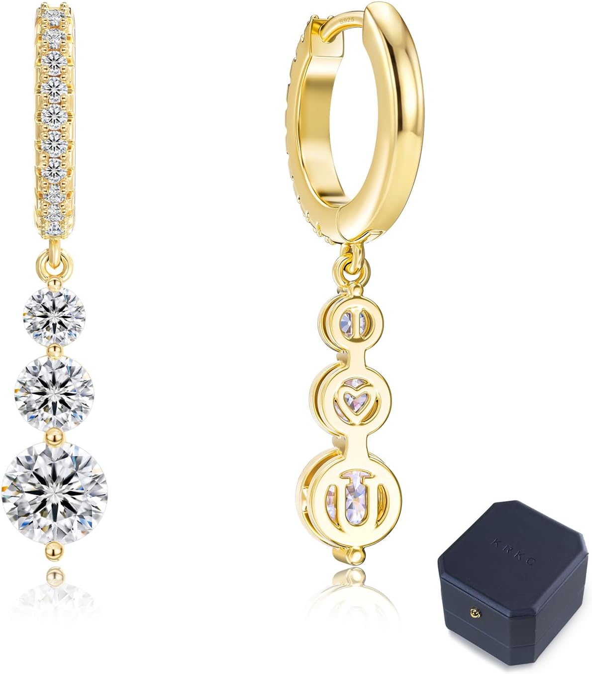 Women's Moissanite Huggie Hoop Drop Earrings - Graduated Triple Stones, Gold or Silver Plated 925 Silver for Anniversary