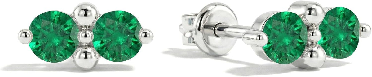 Women's Two Stone Birthstone Stud Earrings - 925 Sterling Silver with Gold Plating, Thirteen Stone Choices for Gifts - 0