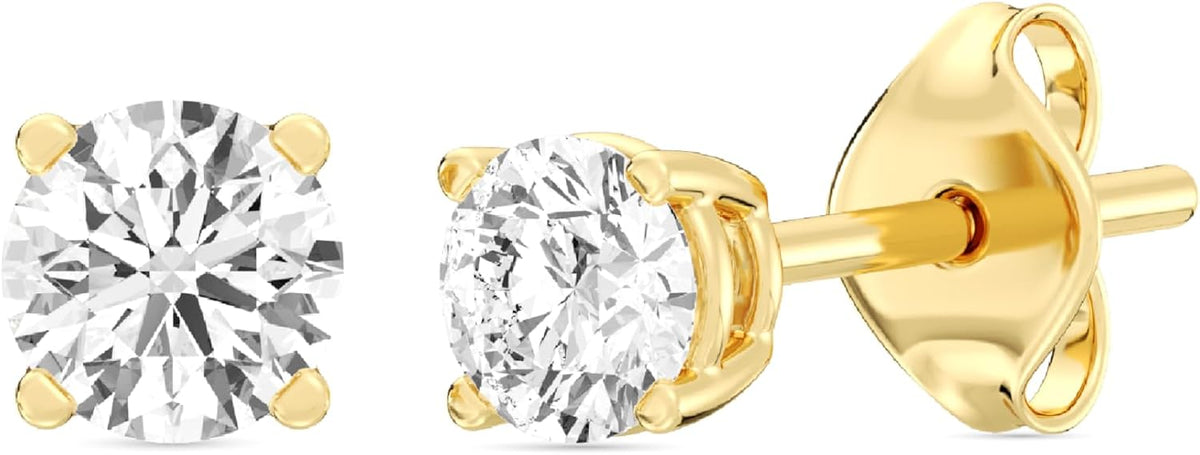 Women's Lab Grown Diamond Stud Earrings - Four Prong Basket in 925 Silver or 14K Gold Plated, Ten Carat Weights - 14K Go