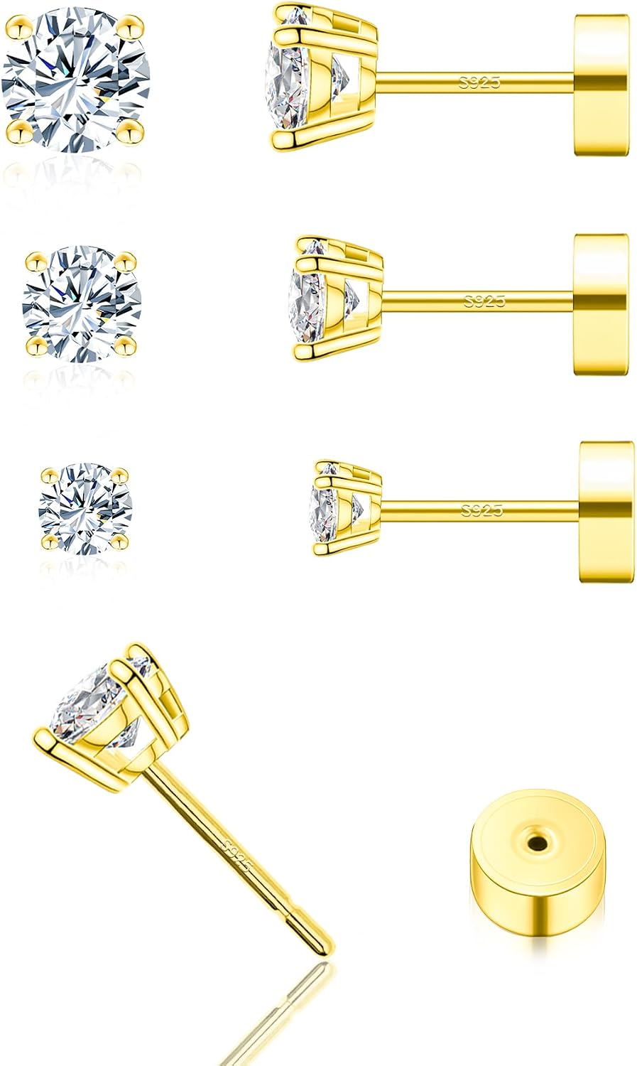 Women's Moissanite Flat Back Stud Earrings - Set of Three Pairs, 925 Sterling Silver, Gold Plated for Cartilage Stacking