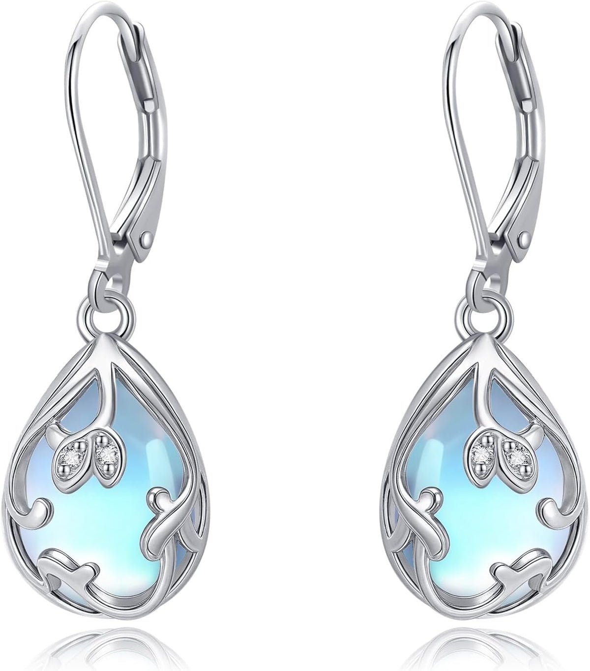 Women's Moonstone Teardrop Drop Earrings - 925 Sterling Silver Filigree Frame, Single Pair Dangles for Bridal Wear - Sta