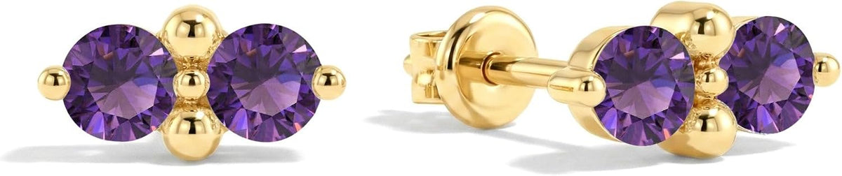 Women's Two Stone Birthstone Stud Earrings - 925 Sterling Silver with Gold Plating, Thirteen Stone Choices for Gifts - 1