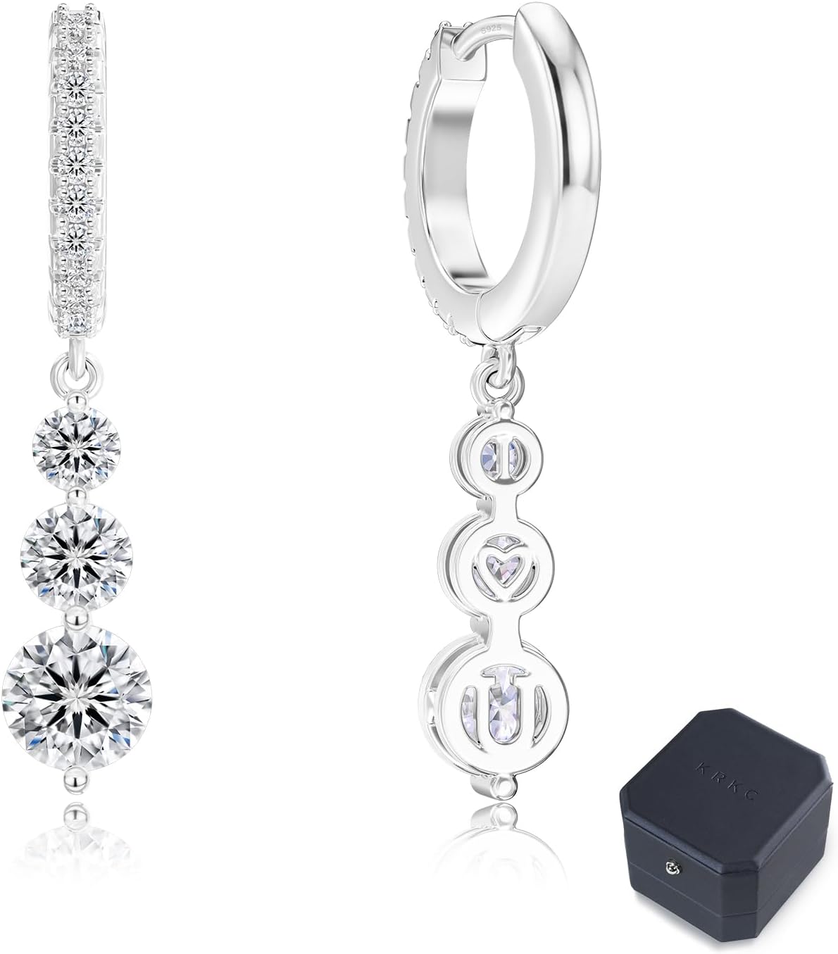 Women's Moissanite Huggie Hoop Drop Earrings - Graduated Triple Stones, Gold or Silver Plated 925 Silver for Anniversary