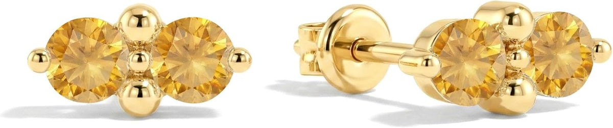 Women's Two Stone Birthstone Stud Earrings - 925 Sterling Silver with Gold Plating, Thirteen Stone Choices for Gifts - 0